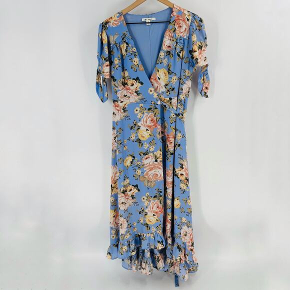 Boutique Miami Blue Floral Maxi Wrap Dress with Ruffle Hem Size Small Romantic - Picture 7 of 7